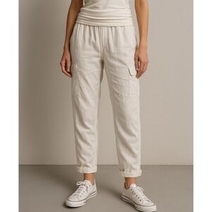 Pure DKNY Womens Linen Cargo Pants Small White‎ Foldover Waist Relaxed Comfy